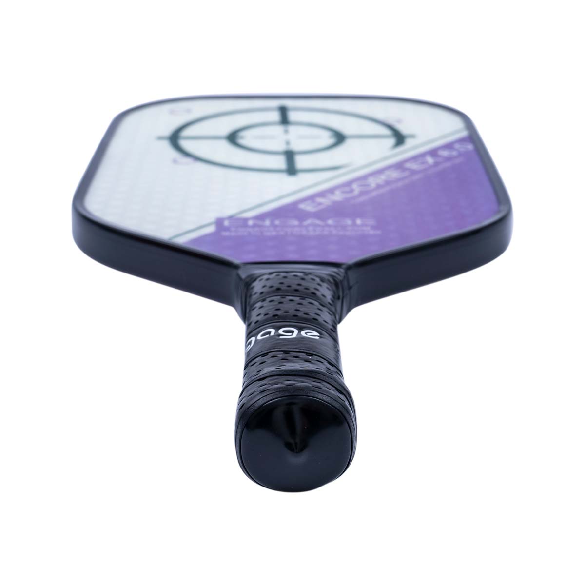 Top-down view of a black pickleball paddle with a target design and purple accents.