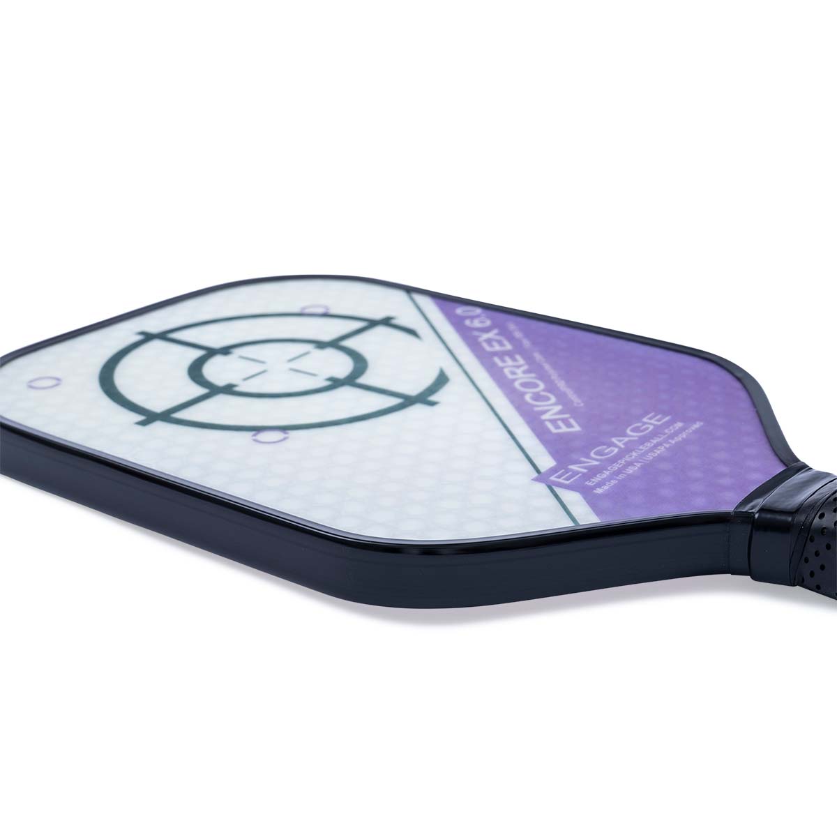 Side view of a purple and white pickleball paddle with a target design and ENGAGE ENCORE EX 6.0 text.