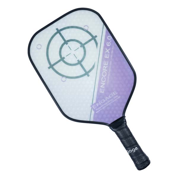 Top-down view of a white and purple pickleball paddle with a target graphic and ENCORE EX 6.0 text.