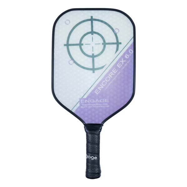 Front view of a white and purple pickleball paddle with a target design and ENCORE EX 6.0 text.