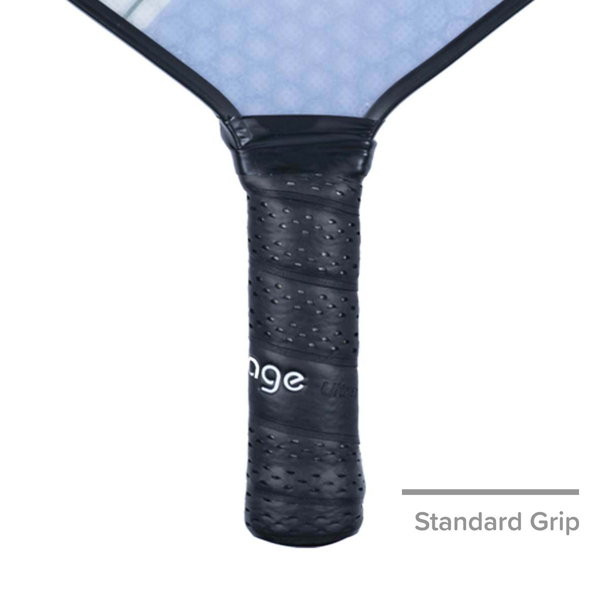 Close-up of a black pickleball paddle grip with Engage branding and a textured surface.