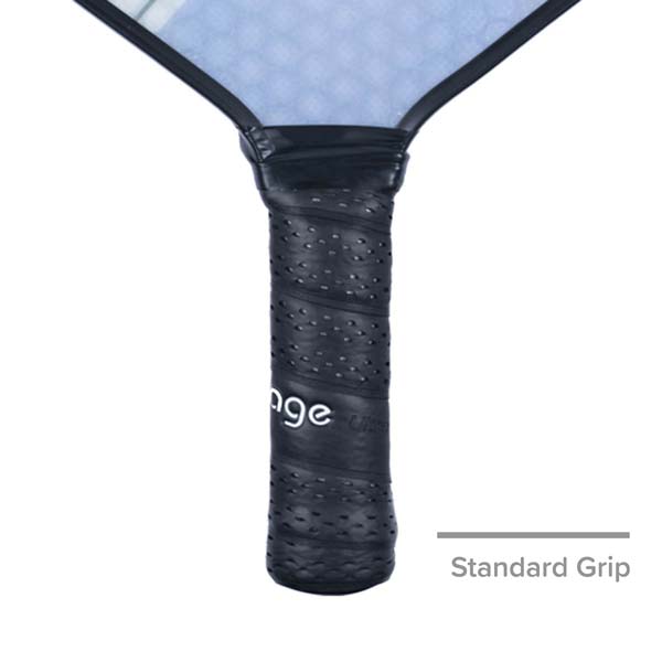 Close-up of a black pickleball paddle grip with Engage branding and a textured surface.