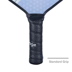 Close-up of a black pickleball paddle grip with Engage branding and a textured surface.