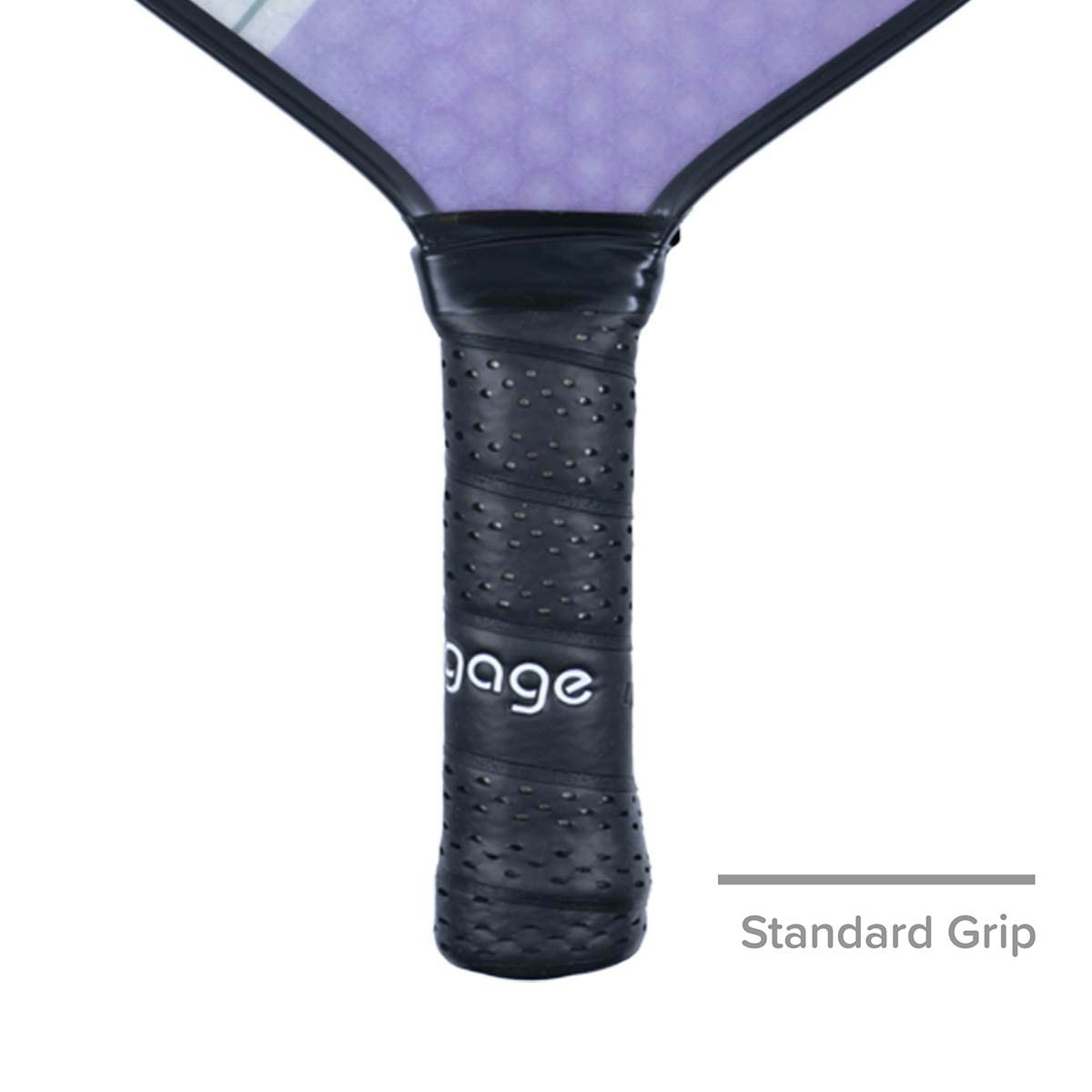 Close-up of a black pickleball paddle grip with engage text and a perforated texture.