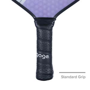 Close-up of a black pickleball paddle grip with engage text and a perforated texture.