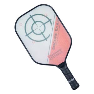 Top-down view of a white and pink pickleball paddle with a target design and ENGAGE ENCORE EX 6.0 text.