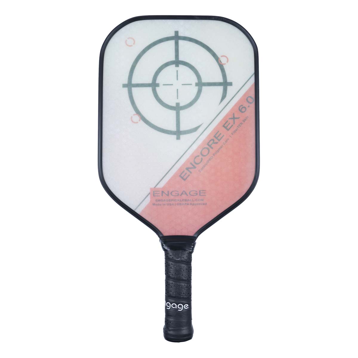 Front view of a white pickleball paddle with a target design, ENCORE EX 6.0 text, and black grip with gage logo.