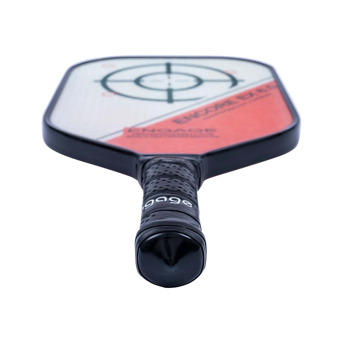 Top-down view of a white and red pickleball paddle with a black grip and ENGAGE text.