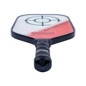 Top-down view of a white and red pickleball paddle with a black grip and ENGAGE text.