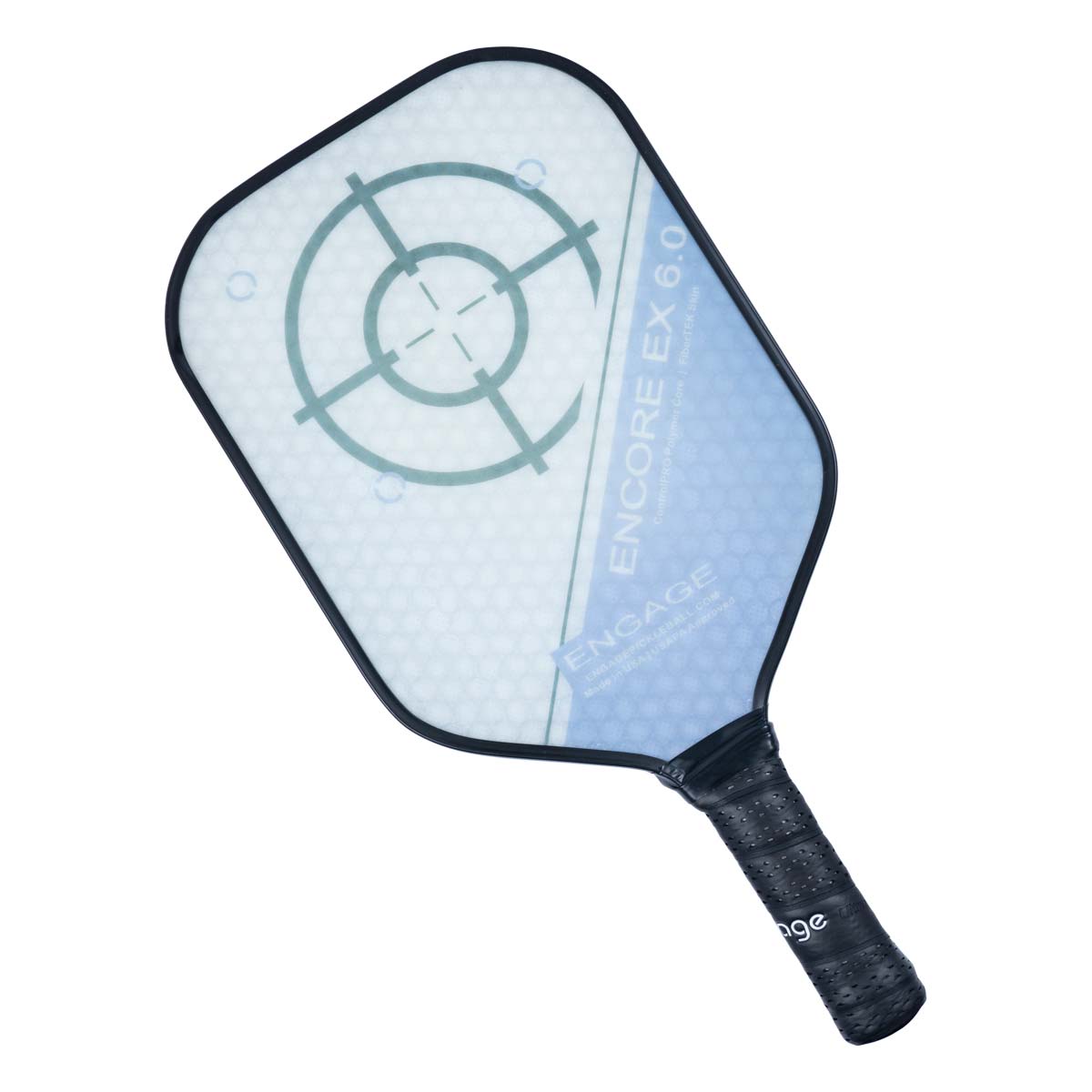 Top-down view of a white and blue pickleball paddle with a target design and ENGAGE ENCORE EX 6.0 text.