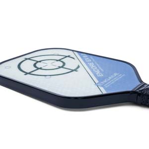 Side view of a blue and white pickleball paddle with a target design and ENGAGE ENCORE EX 6.0 text.