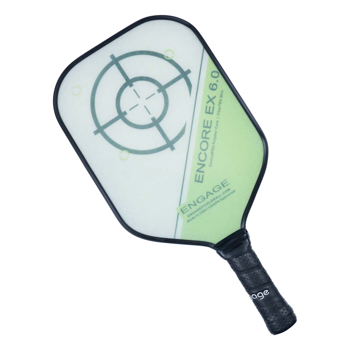 Top-down view of a white and green pickleball paddle with a target design and ENCORE EX 6.0 text.