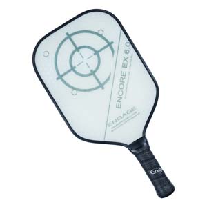 Top-down view of a white pickleball paddle with a target graphic, ENCORE EX 6.0 text, and a black grip with Eng logo.