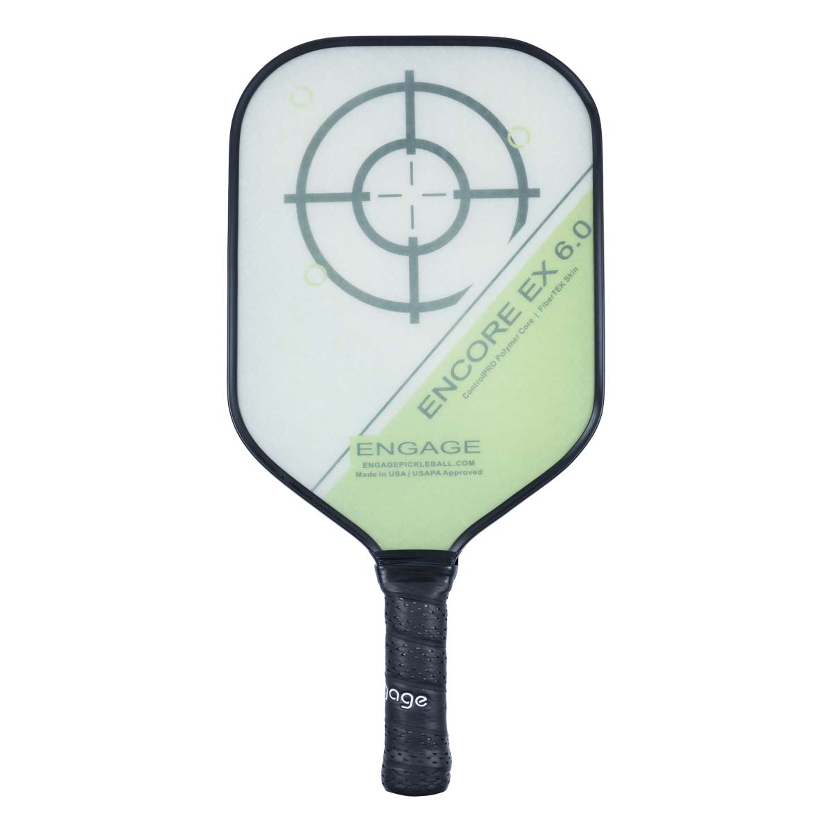 Front view of a white and green pickleball paddle with a target design, ENCORE EX 6.0 text, and a black grip.