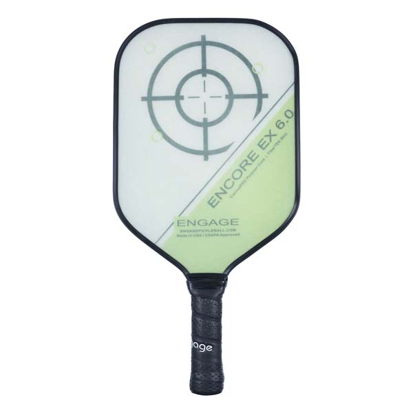 Front view of a white and green pickleball paddle with a target design, ENCORE EX 6.0 text, and a black grip.
