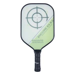 Front view of a white and green pickleball paddle with a target design, ENCORE EX 6.0 text, and a black grip.