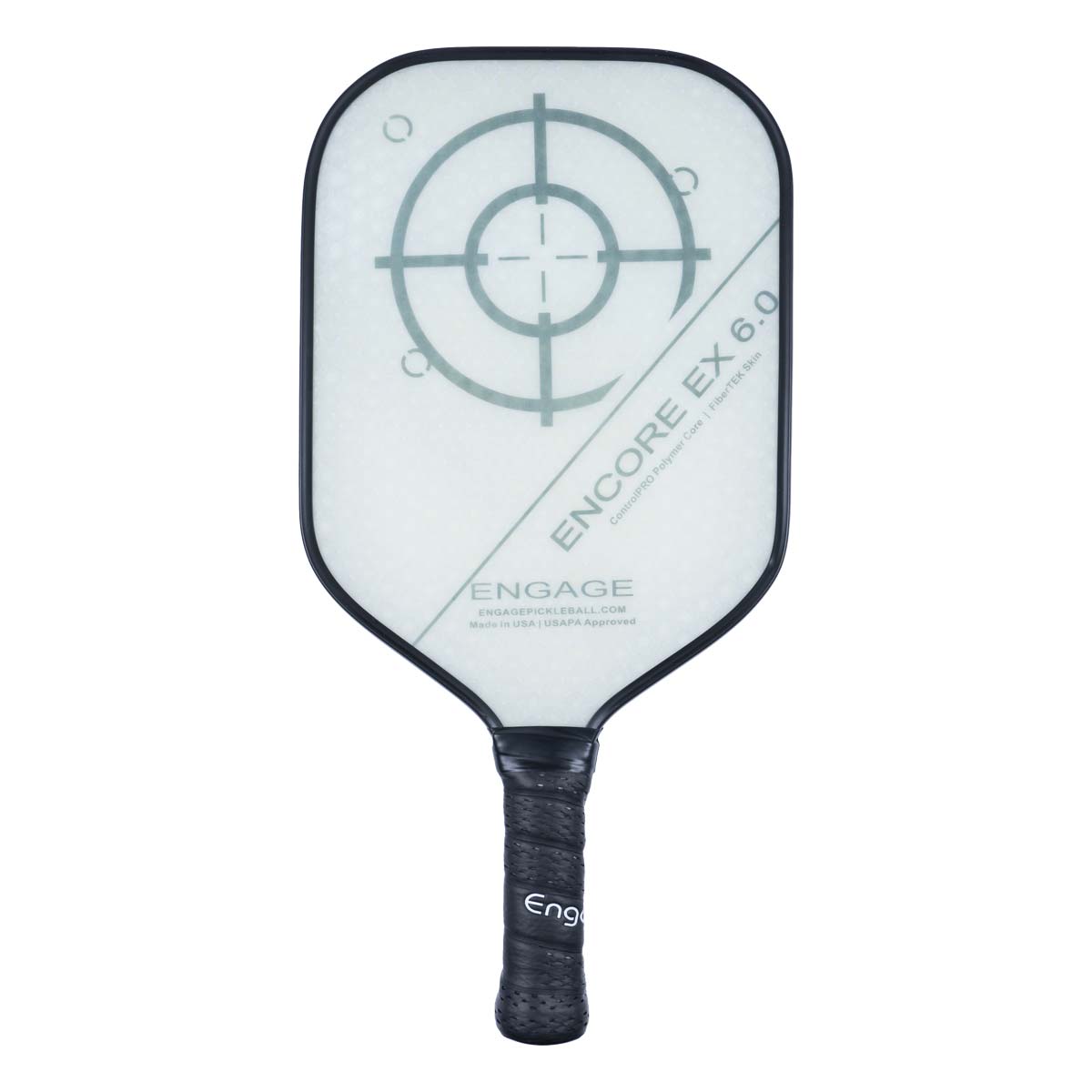Front view of a white Engage Encore EX 6.0 pickleball paddle with a target graphic and black grip.