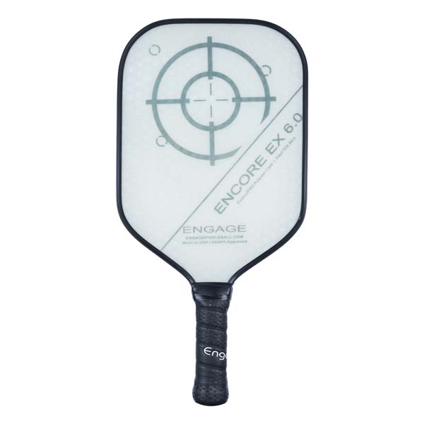 Front view of a white Engage Encore EX 6.0 pickleball paddle with a target graphic and black grip.