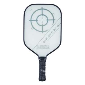 Front view of a white Engage Encore EX 6.0 pickleball paddle with a target graphic and black grip.