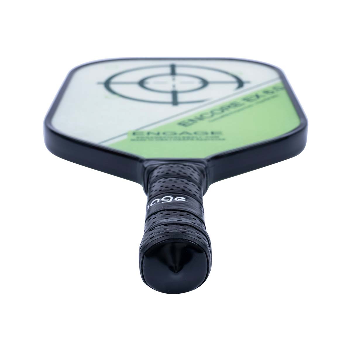 Top-down view of a white and green pickleball paddle with a target graphic and Engage branding on the grip.