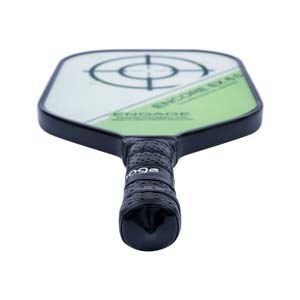 Top-down view of a white and green pickleball paddle with a target graphic and Engage branding on the grip.