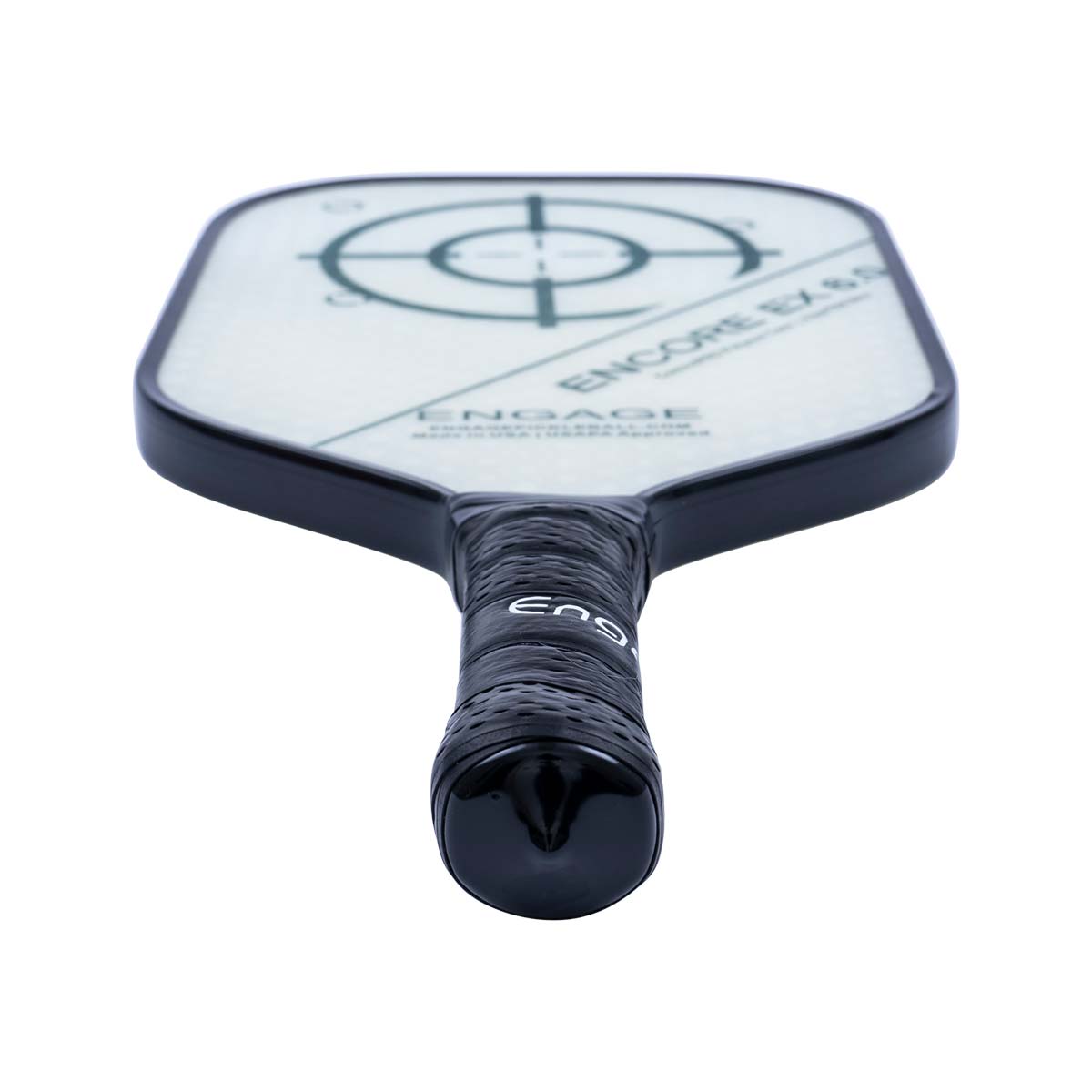 Top-down view of a white pickleball paddle with a black grip, target graphic, and ENCORE EX 6.0 text.