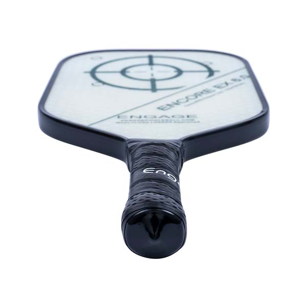 Top-down view of a white pickleball paddle with a black grip, target graphic, and ENCORE EX 6.0 text.