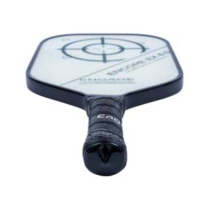 Top-down view of a white pickleball paddle with a black grip, target graphic, and ENCORE EX 6.0 text.