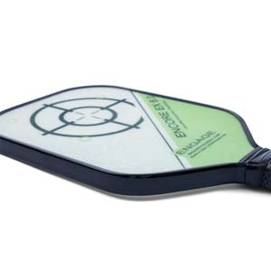 Side view of a white and green pickleball paddle with a target design and ENGAGE ENCORE EX 6.0 text.