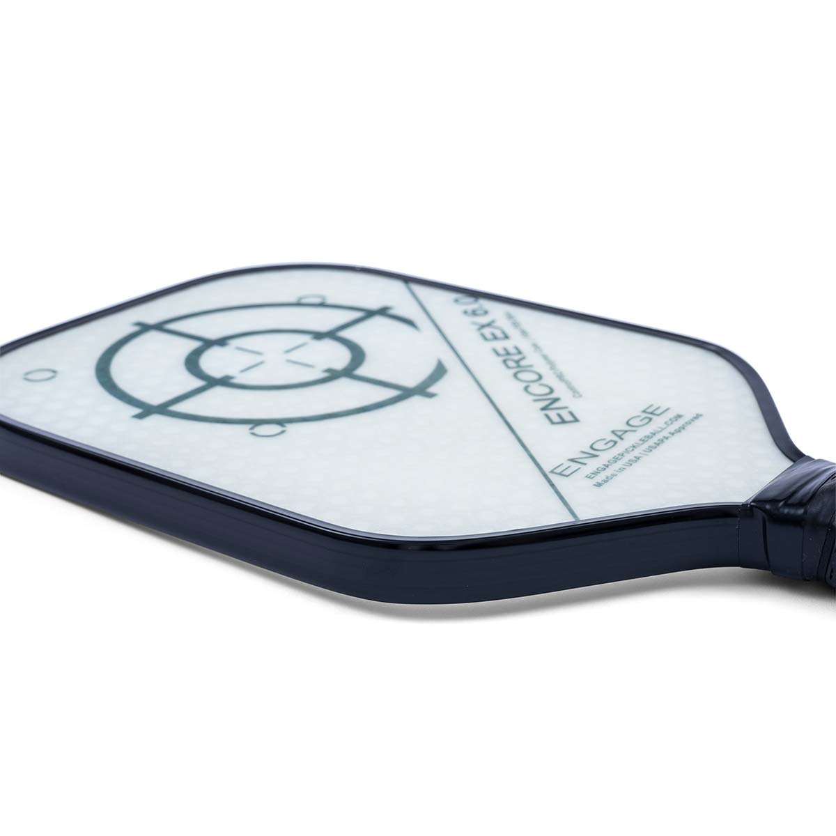 Corner view of a white pickleball paddle with a target design, ENGAGE, and ENCORE EX 6.0 text.