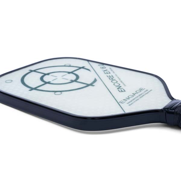 Corner view of a white pickleball paddle with a target design, ENGAGE, and ENCORE EX 6.0 text.