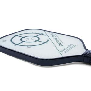 Corner view of a white pickleball paddle with a target design, ENGAGE, and ENCORE EX 6.0 text.