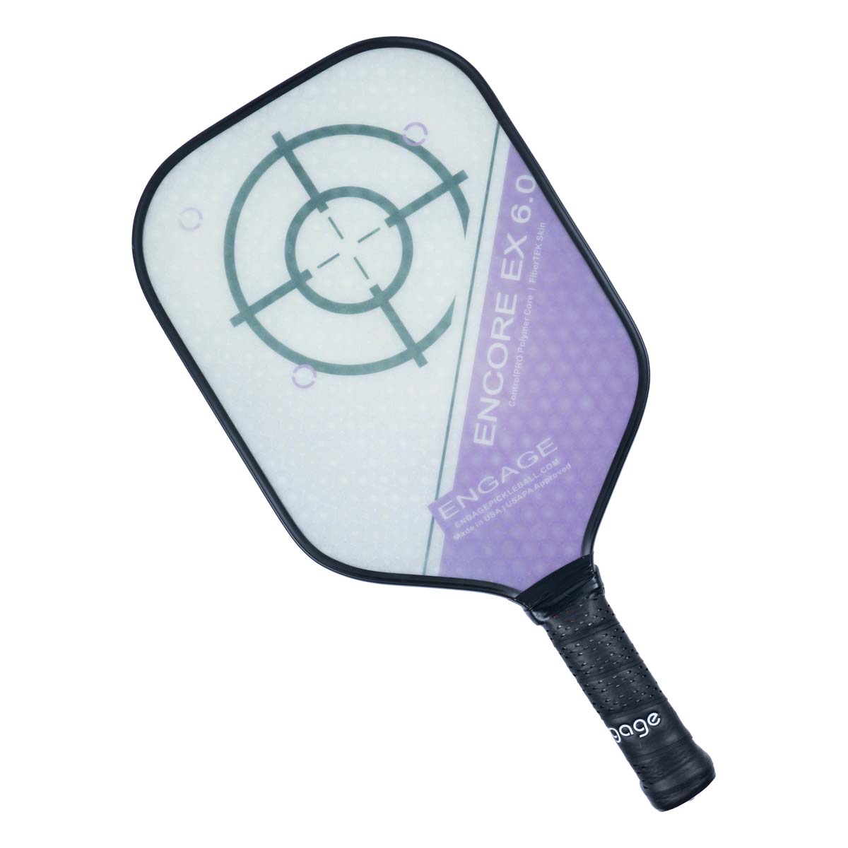 Top-down view of a white and purple pickleball paddle with a target graphic and ENCORE EX 6.0 text.