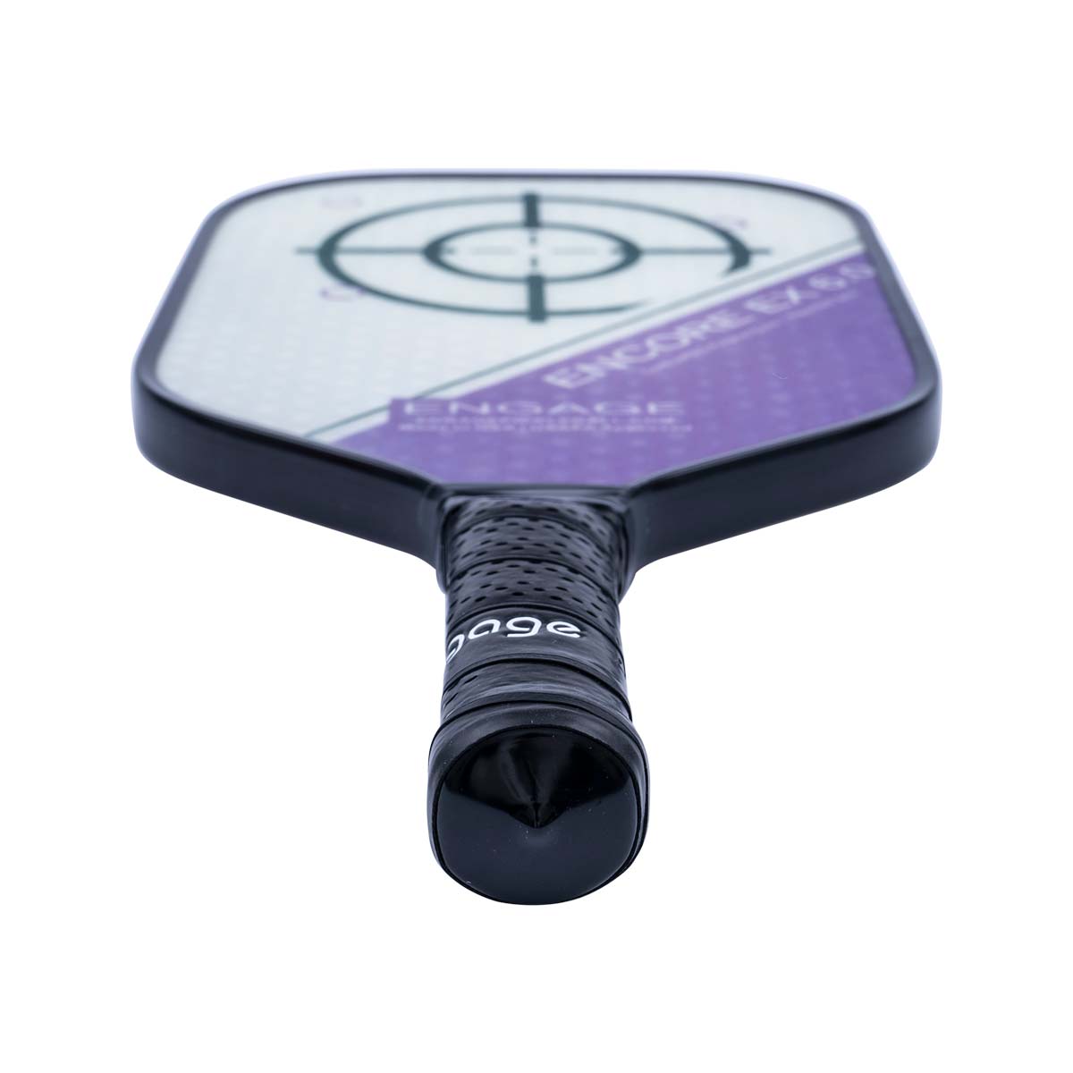 Top-down view of a black pickleball paddle with a target graphic and purple textured panel.