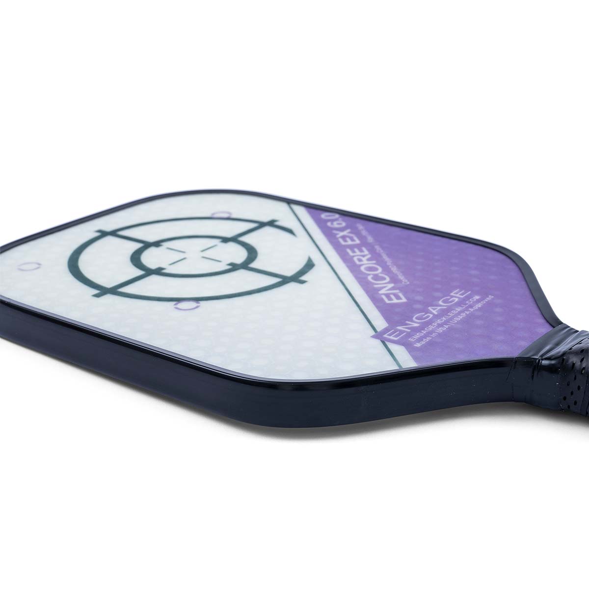 Corner view of a white and purple pickleball paddle with a target design and ENGAGE ENCORE EX 6.0 text.