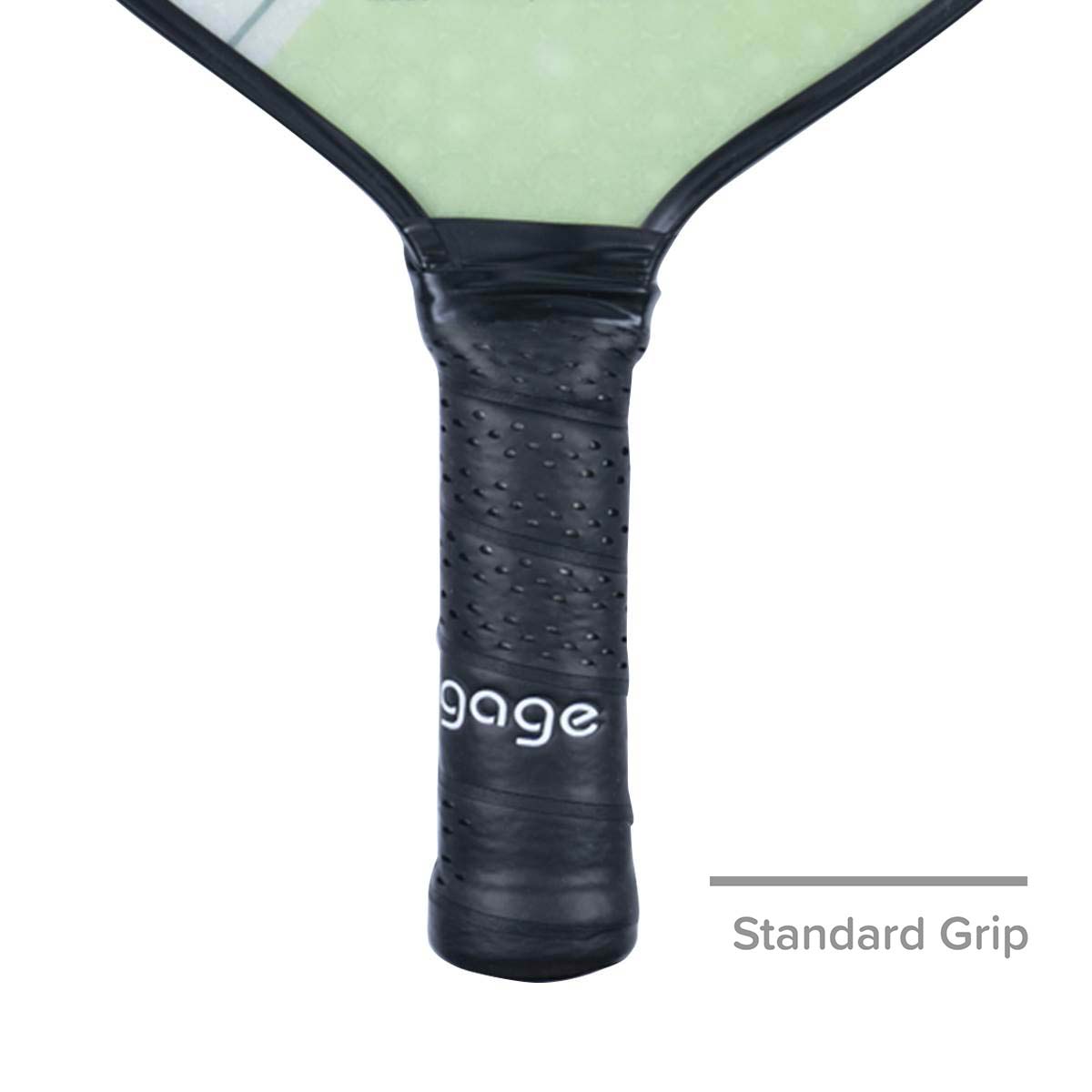 Close-up of a black pickleball paddle grip with engage text and perforated texture.