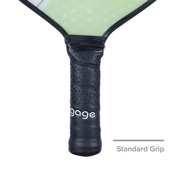 Close-up of a black pickleball paddle grip with engage text and perforated texture.
