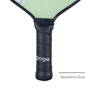 Close-up of a black pickleball paddle grip with engage text and perforated texture.