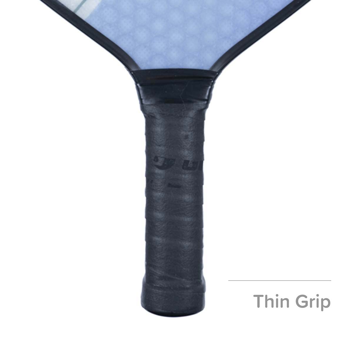 Close-up of a dark gray pickleball paddle grip with a textured surface and visible LU logo.