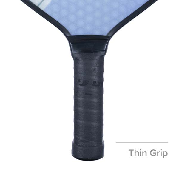Close-up of a dark gray pickleball paddle grip with a textured surface and visible LU logo.