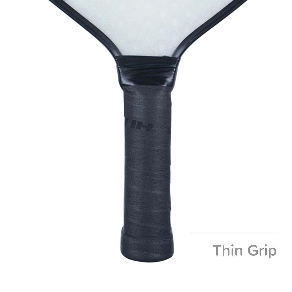 Close-up of a black pickleball paddle grip with Thin Grip text.