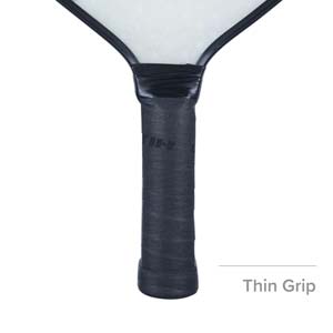 Close-up of a black pickleball paddle grip with Thin Grip text.