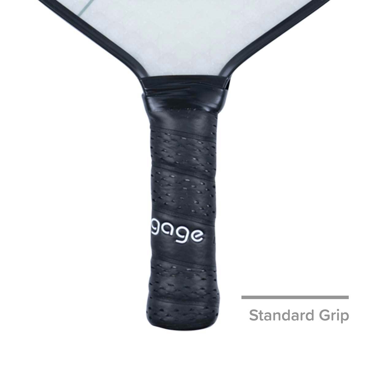 Close-up of a black pickleball paddle grip with perforated texture and gage logo.