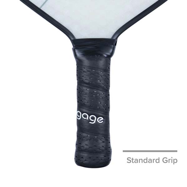 Close-up of a black pickleball paddle grip with perforated texture and gage logo.