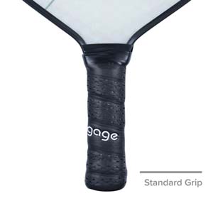 Close-up of a black pickleball paddle grip with perforated texture and gage logo.