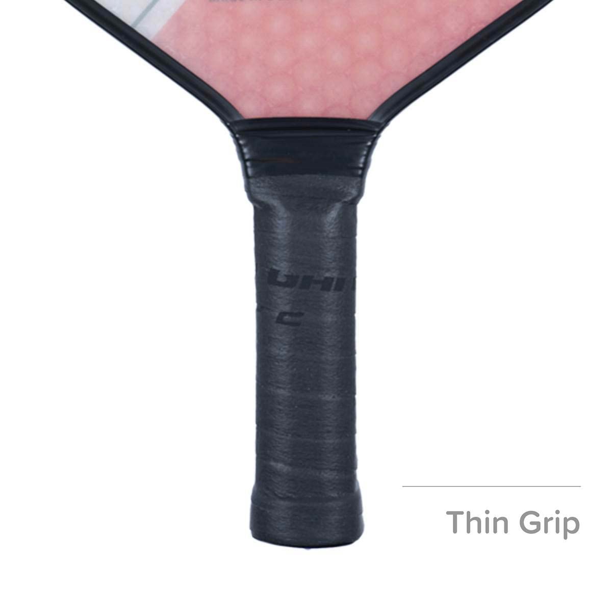 Bottom view of a black pickleball paddle grip with Thin Grip text.