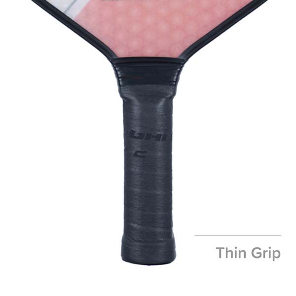Bottom view of a black pickleball paddle grip with Thin Grip text.