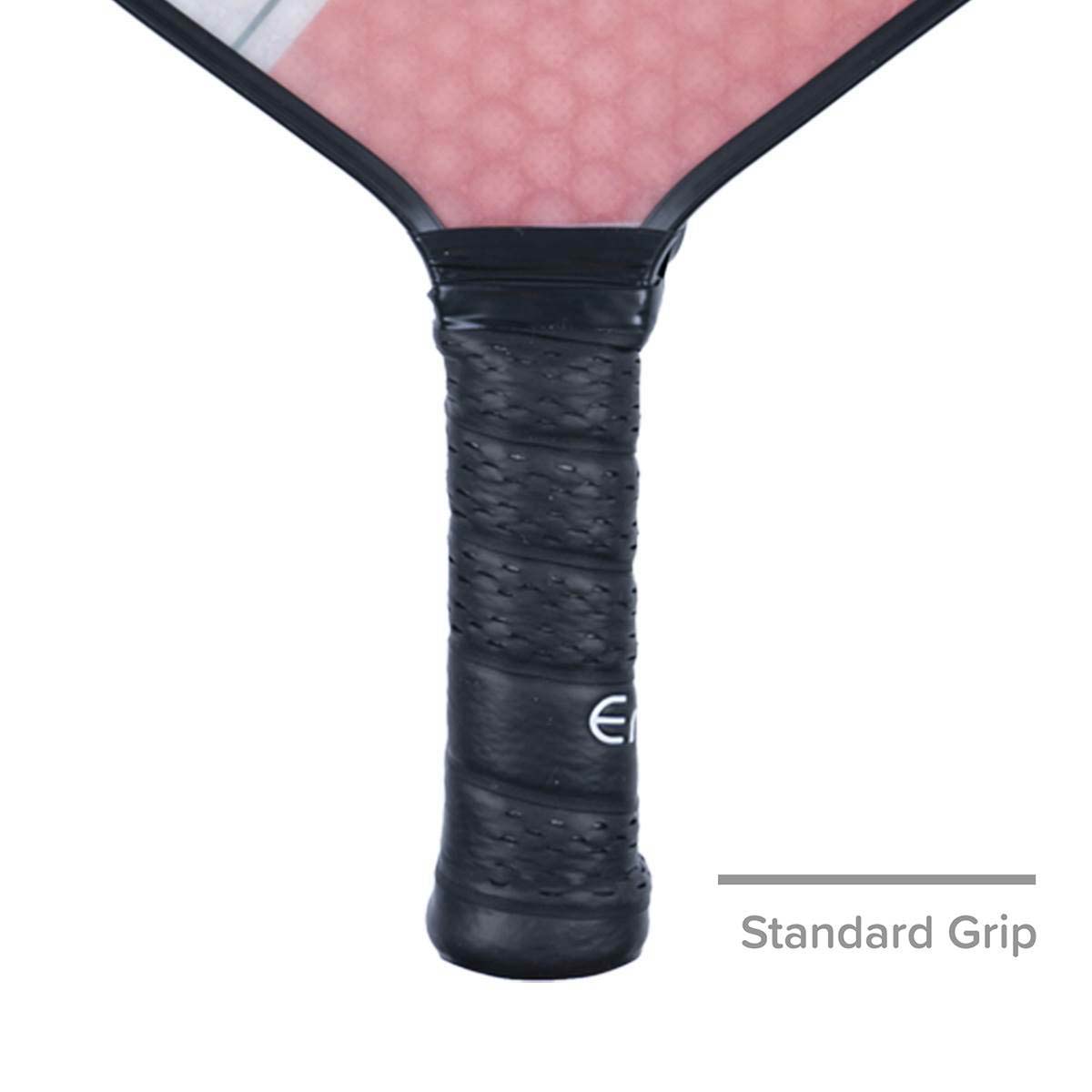 Close-up of a black pickleball paddle grip with the Engage logo and Standard Grip text.