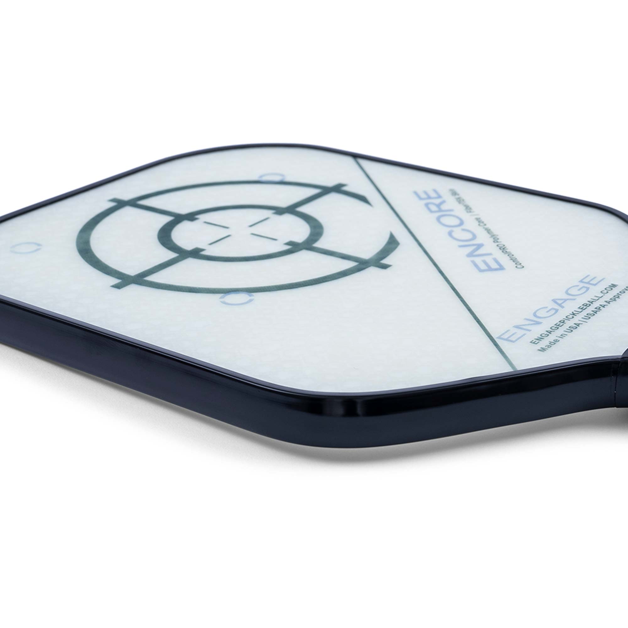 Corner view of a white pickleball paddle with a dark blue edge, target graphic, and ENCORE text.