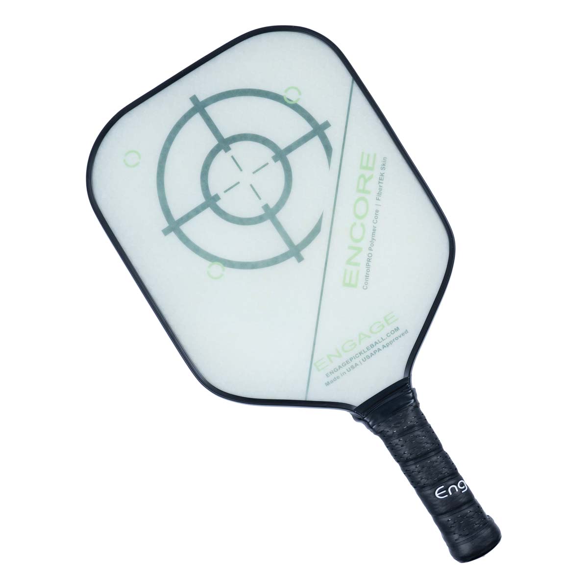 Top-down view of a white pickleball paddle with a green target, ENCORE text, and black grip.